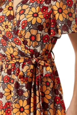 Women’s Midi Wrap Dress in Vibrant Orange and Red Floral Print with Short Sleeves - Chic Tie Waist by Liquorish