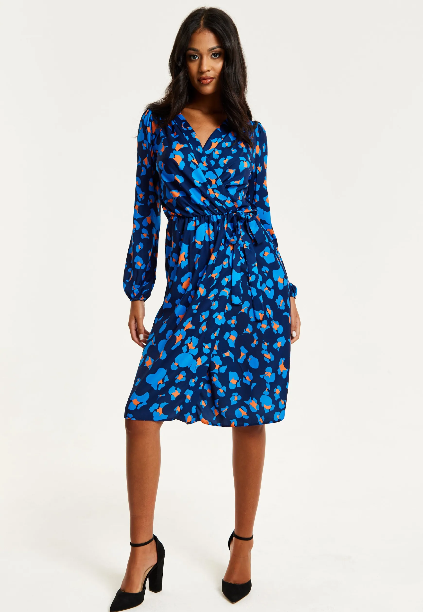 Women's Midi Wrap Dress in Blue with Long Sleeves - Elegant Abstract Print Design by Liquorish