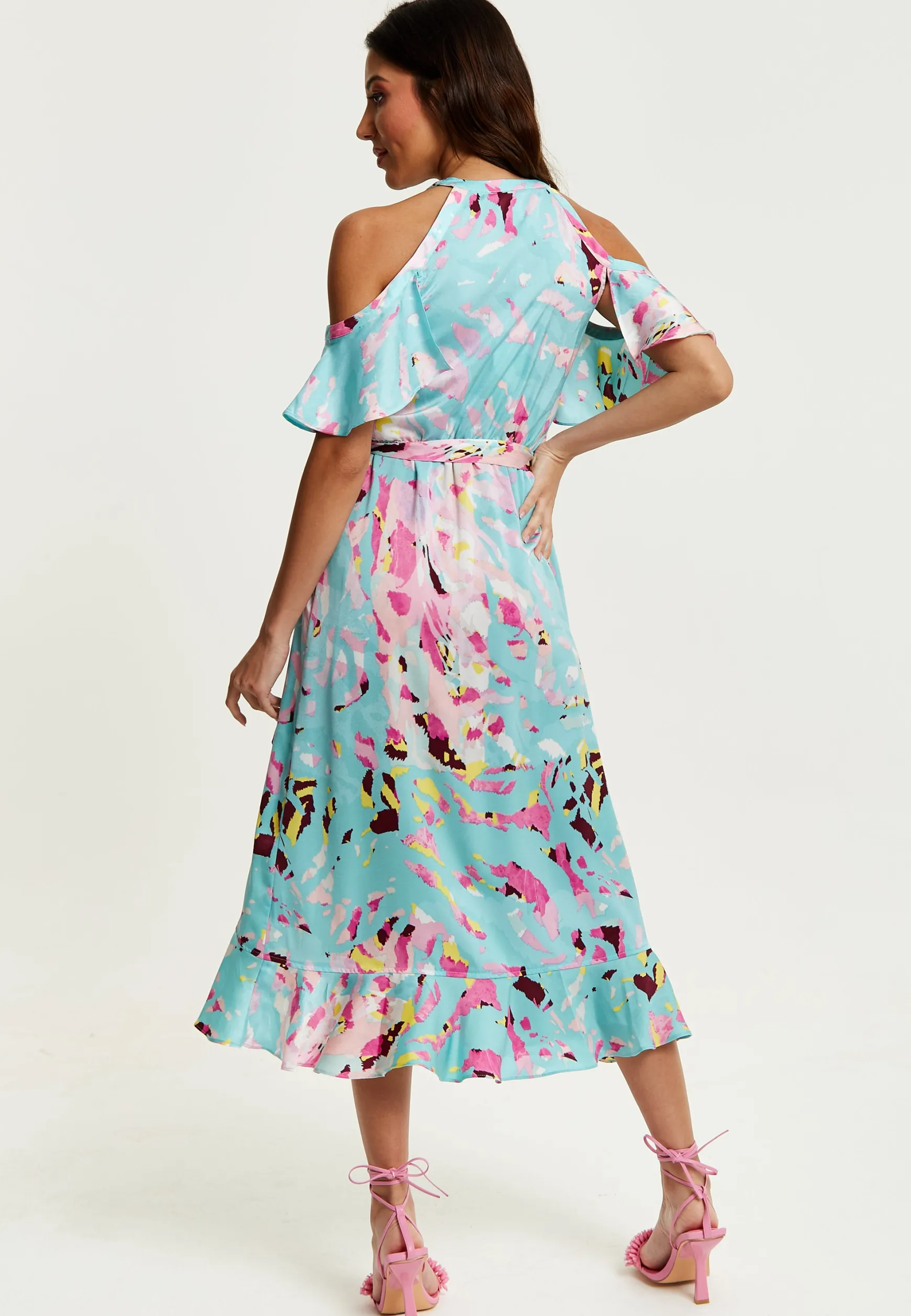 Women's Midi Wrap Dress in Blue Abstract Print with Cold Shoulders and Tie Waist - Elegant Style by Liquorish