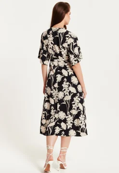 Women's Midi Wrap Dress in Floral Print with Kimono Sleeves - V Neck, Tie Waist, Adjustable Fit - Liquorish