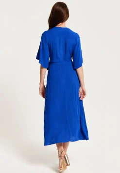Women's Midi Wrap Dress in Royal Blue with Kimono Sleeves and Matching Tie Waist - Liquorish
