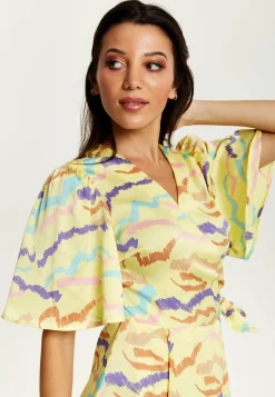 Women's Midi Wrap Dress in Yellow with Kimono Sleeves and Abstract Print - Stylish Design by Liquorish