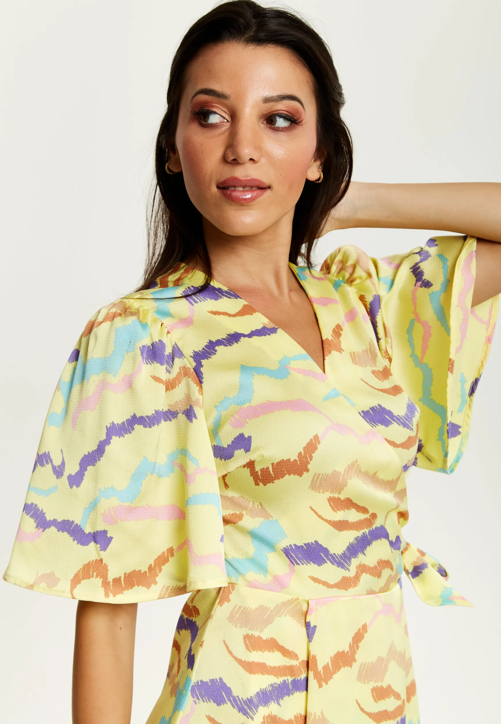 Women's Midi Wrap Dress in Yellow with Kimono Sleeves and Abstract Print - Stylish Design by Liquorish