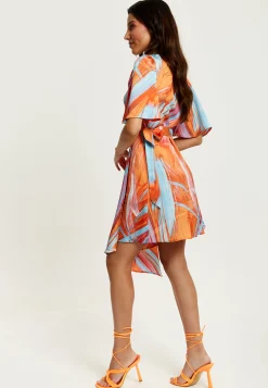 Women's Midi Wrap Dress in Orange with V Neck, Kimono Sleeves, and Abstract Print - Stylish Design by Liquorish