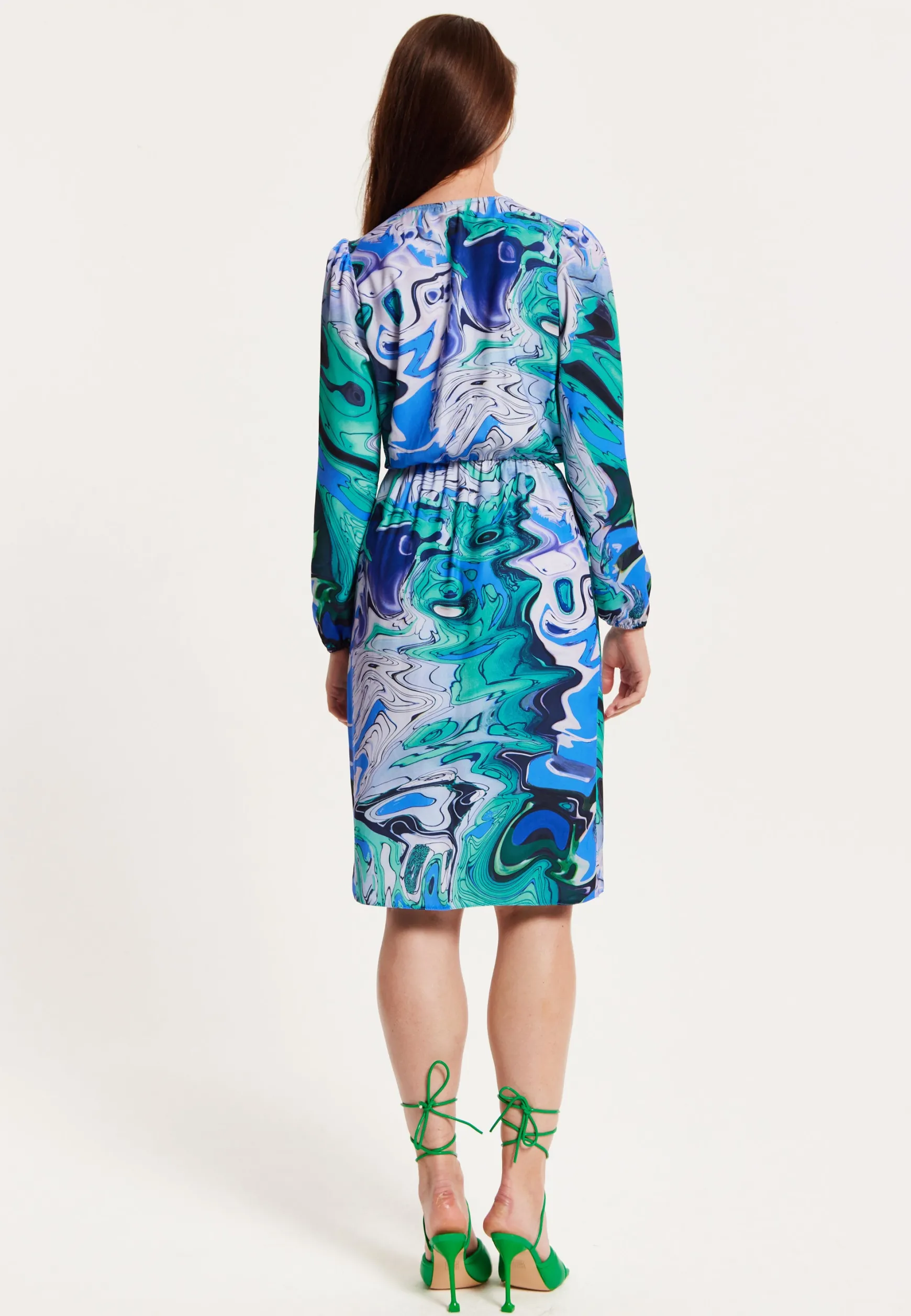 Women's Midi Wrap Dress in Turquoise Marble Print with Long Sleeves - Elegant Design by Liquorish