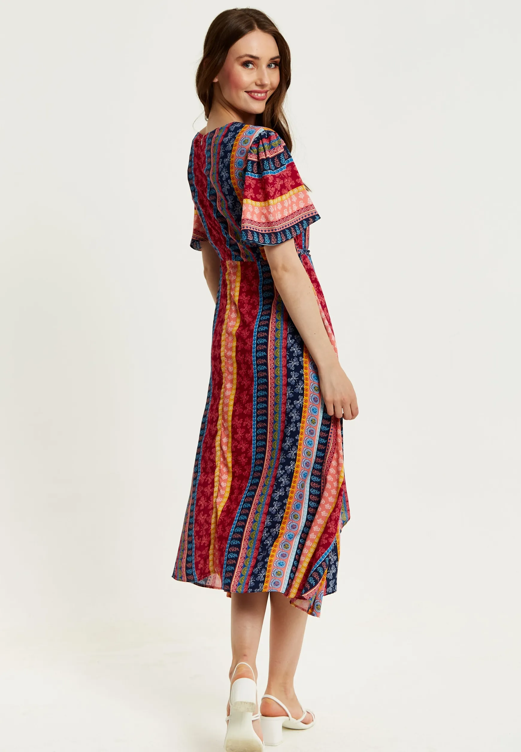 Women's Midi Wrap Dress in Multicolour with Short Sleeves and Paisley Print - Elegant V Neck Design by Liquorish