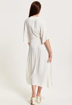 Women's Midi Wrap Dress in White - Short Kimono Sleeves with Matching Tie Waist for a Flattering Fit by Liquorish