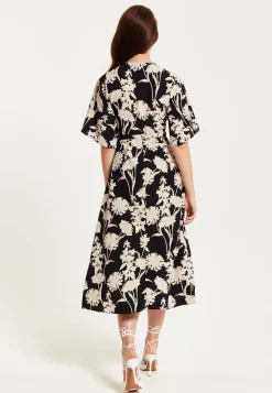 Women's Midi Wrap Dress in Floral Print with Kimono Sleeves - V Neck, Tie Waist, Adjustable Fit - Liquorish