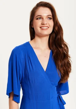 Women's Midi Wrap Dress in Royal Blue with Kimono Sleeves and Matching Tie Waist - Liquorish