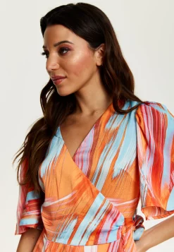 Women's Midi Wrap Dress in Orange with V Neck, Kimono Sleeves, and Abstract Print - Stylish Design by Liquorish