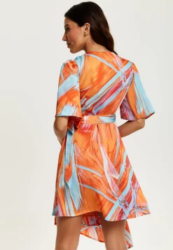 Women's Midi Wrap Dress in Orange with V Neck, Kimono Sleeves, and Abstract Print - Stylish Design by Liquorish