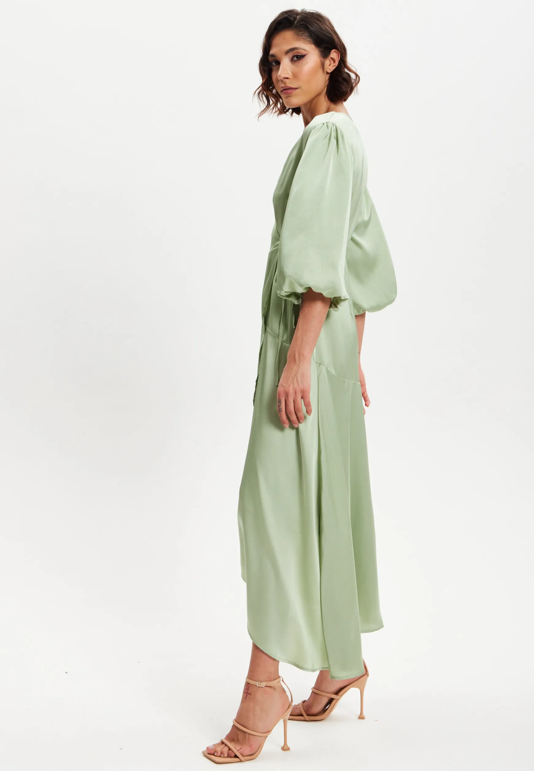 Women's Midi Wrap Dress in Sage Green with Short Puff Sleeves - Elegant Style and Comfort by Liquorish