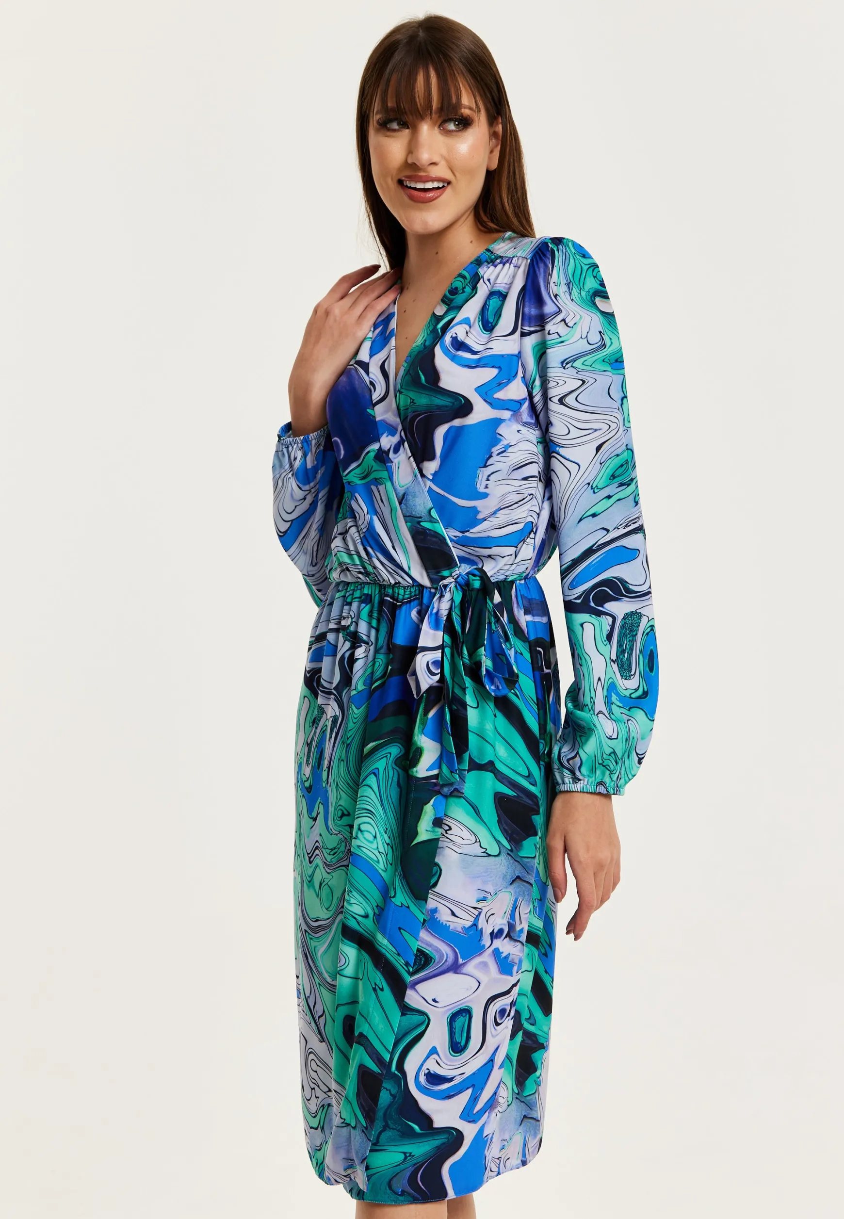 Women's Midi Wrap Dress in Turquoise Marble Print with Long Sleeves - Elegant Design by Liquorish