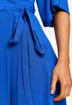 Women's Midi Wrap Dress in Royal Blue with Kimono Sleeves and Matching Tie Waist - Liquorish