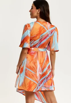 Women's Midi Wrap Dress in Orange with V Neck, Kimono Sleeves, and Abstract Print - Stylish Design by Liquorish