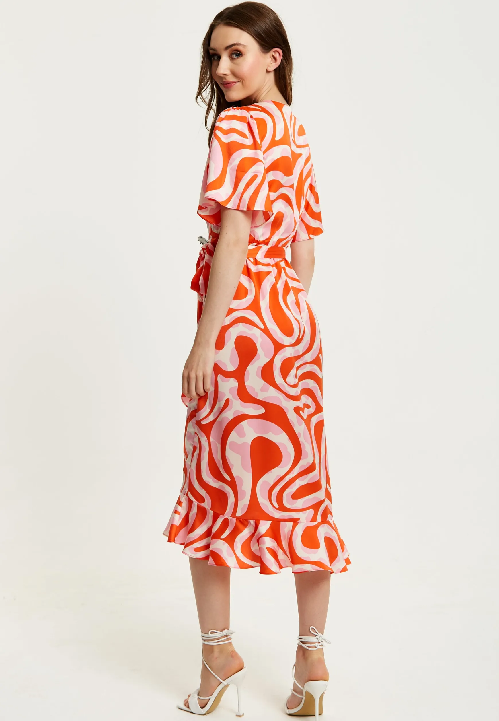 Women's Midi Wrap Dress in Pink and Red Abstract Print with Short Sleeves - Flattering V Neck and Tie Waist by Liquorish