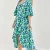 Women's Midi Wrap Dress with Flared Kimono Sleeves in Green Floral Print - Elegantly Chic by Liquorish