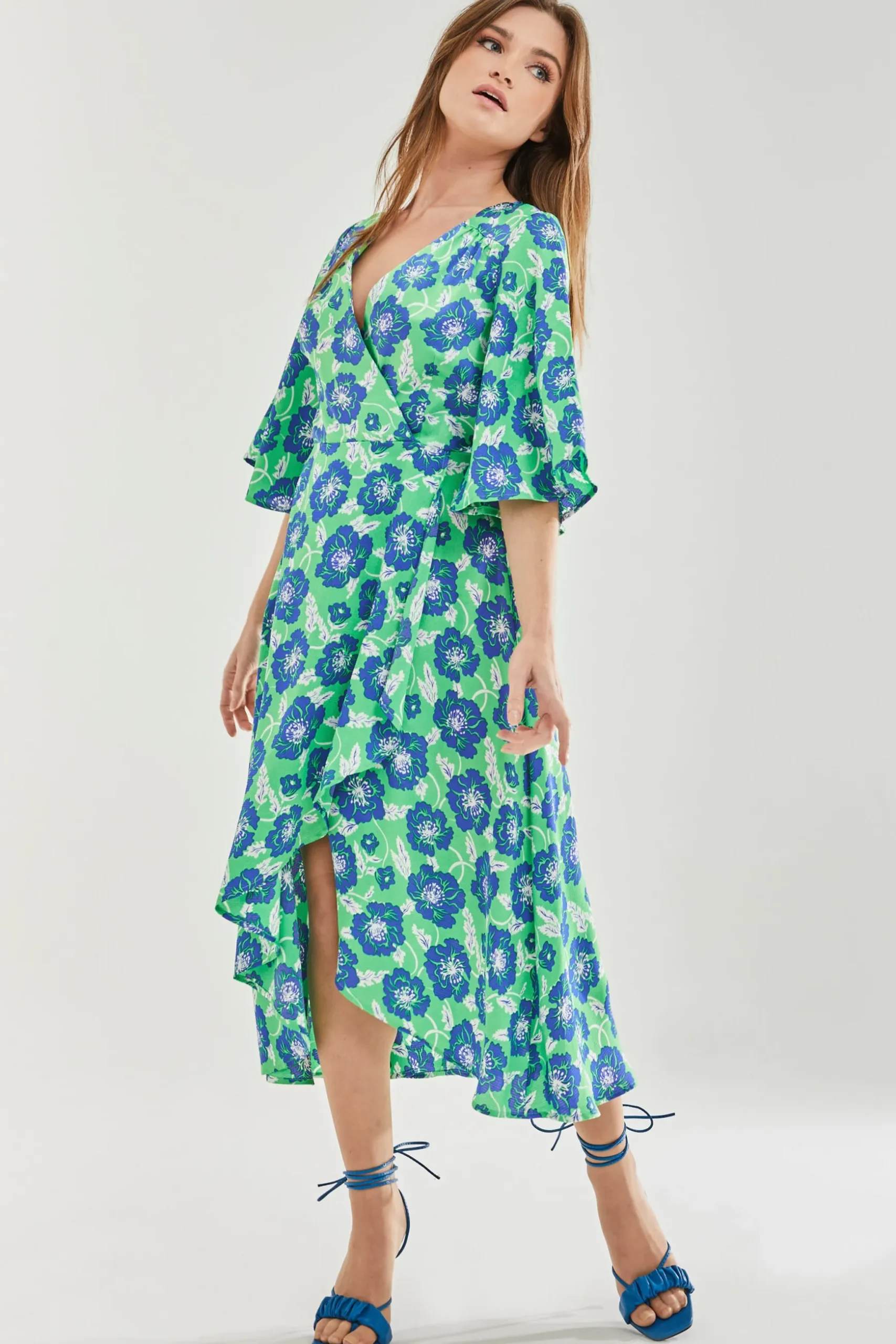 Women's Midi Wrap Dress with Flared Kimono Sleeves in Green Floral Print - Elegantly Chic by Liquorish