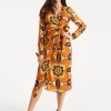 Women's Midi Wrap Dress with Long Sleeves in Orange and Yellow Floral Print - Liquorish
