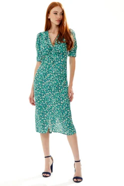 Women's Midi Wrap Dress with Short Sleeves and Daring Front Slit in Green - Liquorish