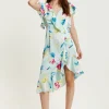 Women's Midi Wrap Dress with Flouncy Sleeves in Mint Green - Elegant Floral Design for Every Occasion by Liquorish