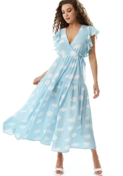Women’s Midi Wrap Dress with Frill Short Sleeves in Blue - Cloud Print Tie Waist Elegance for Weddings by Liquorish