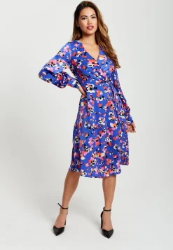 Women's Midi Wrap Dress with Long Balloon Sleeves in Blue Multicolour Abstract Dot Print - Liquorish
