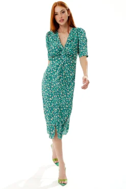 Women's Midi Wrap Dress with Short Sleeves and Daring Front Slit in Green - Liquorish
