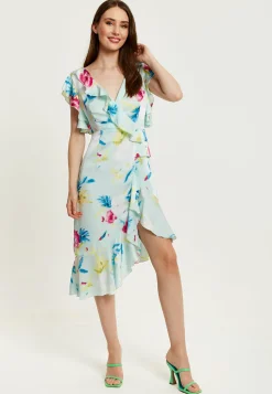 Women's Midi Wrap Dress with Flouncy Sleeves in Mint Green - Elegant Floral Design for Every Occasion by Liquorish