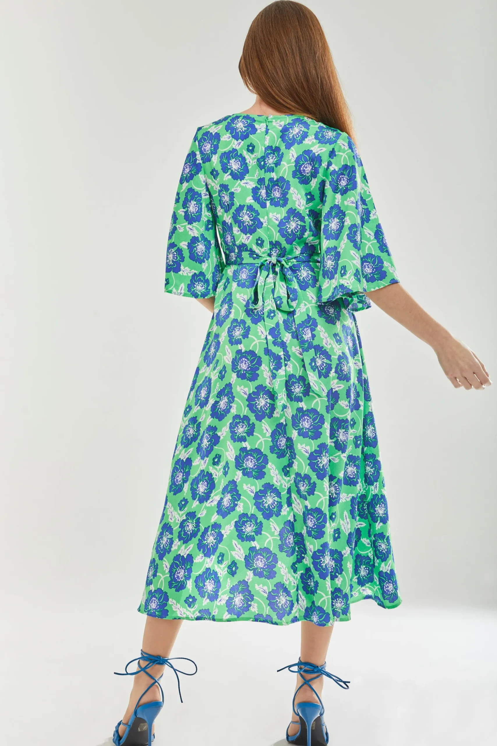 Women's Midi Wrap Dress with Flared Kimono Sleeves in Green Floral Print - Elegantly Chic by Liquorish