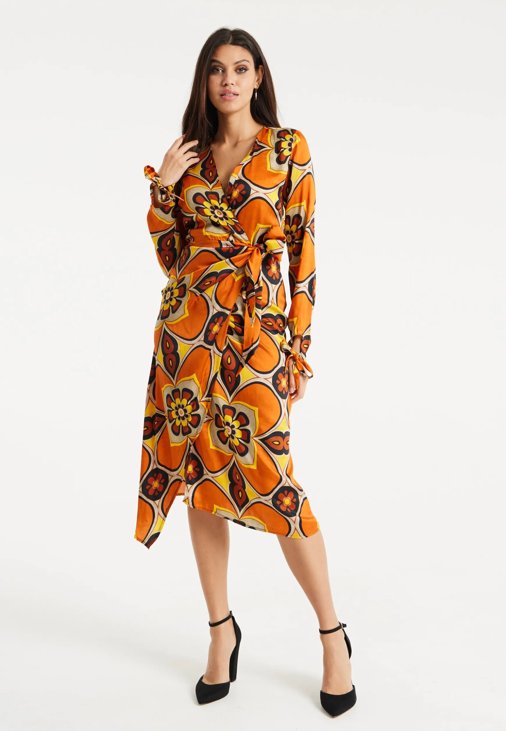 Women's Midi Wrap Dress with Long Sleeves in Orange and Yellow Floral Print - Liquorish
