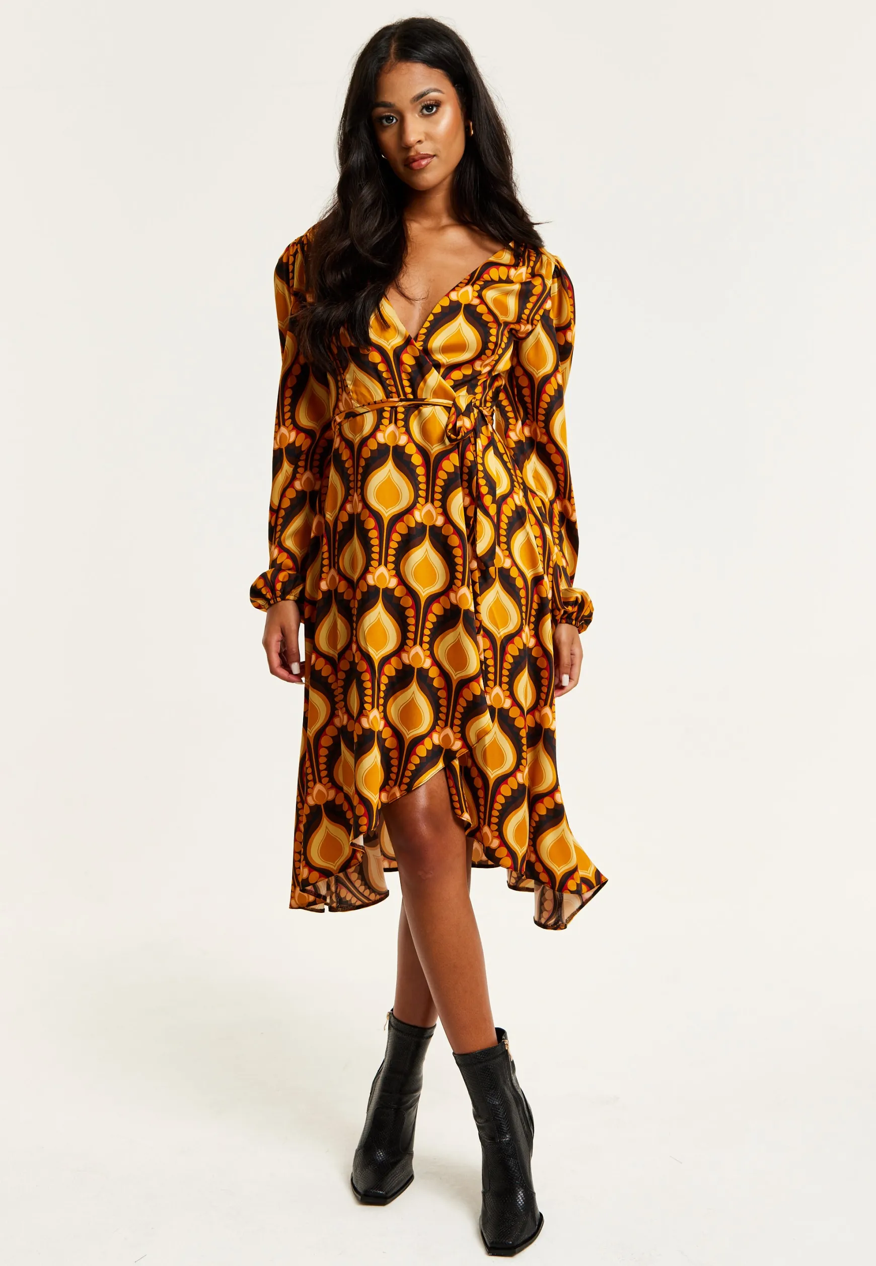 Women's Midi Wrap Dress with Balloon Sleeves in Retro Print - Elegant Fake Wrap Style, Perfect for Any Occasion by Liquorish
