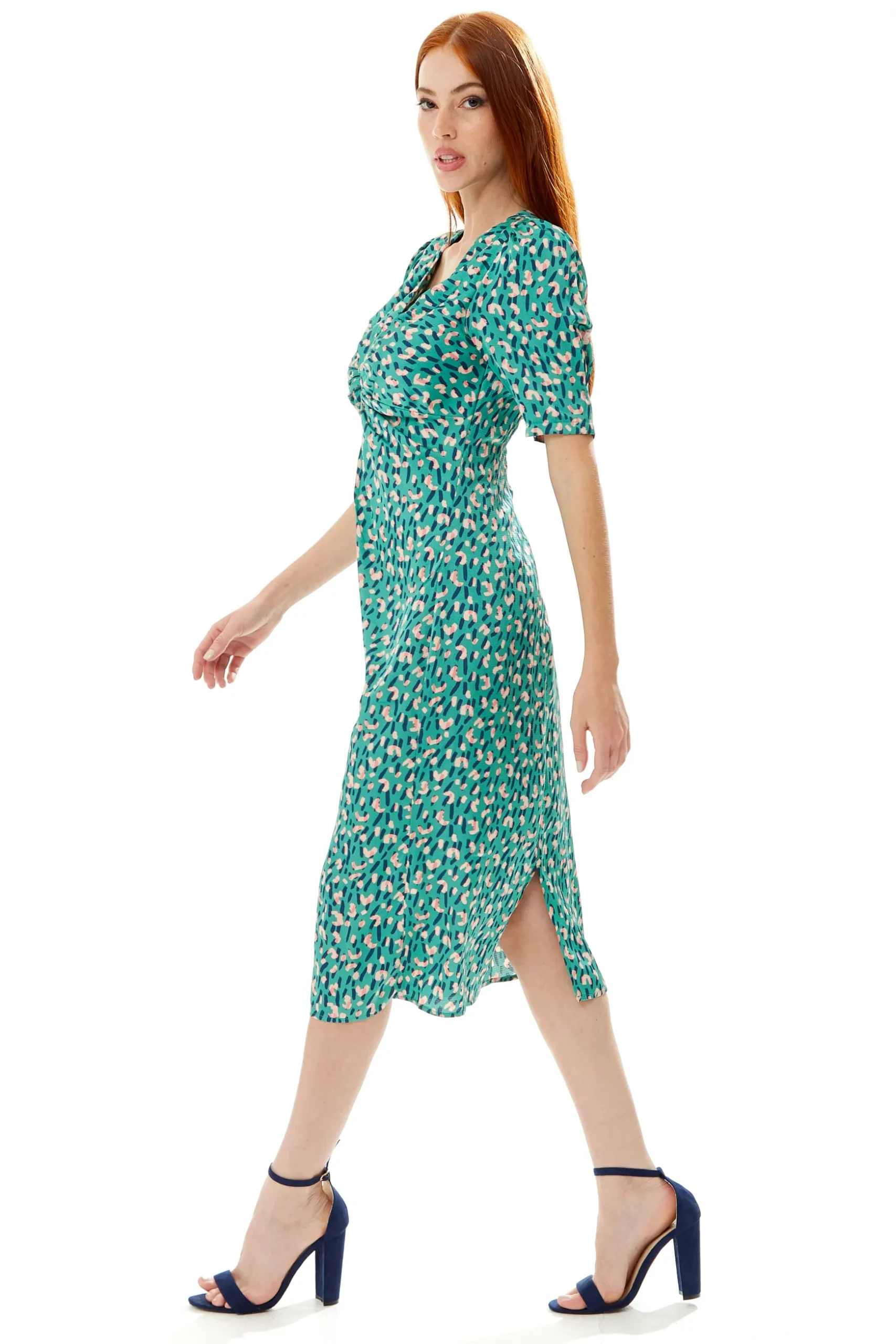 Women's Midi Wrap Dress with Short Sleeves and Daring Front Slit in Green - Liquorish