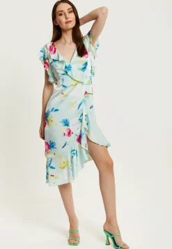 Women's Midi Wrap Dress with Flouncy Sleeves in Mint Green - Elegant Floral Design for Every Occasion by Liquorish