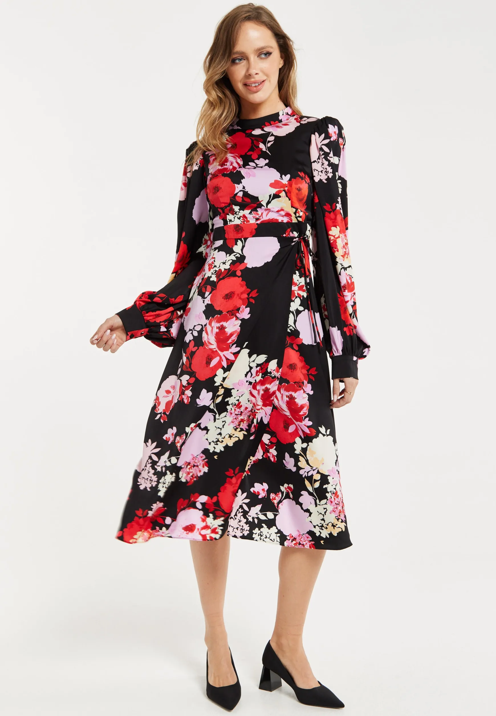 Women's Midi Wrap Dress with Long Balloon Sleeves in Rose Print and Open Back Detail - Liquorish