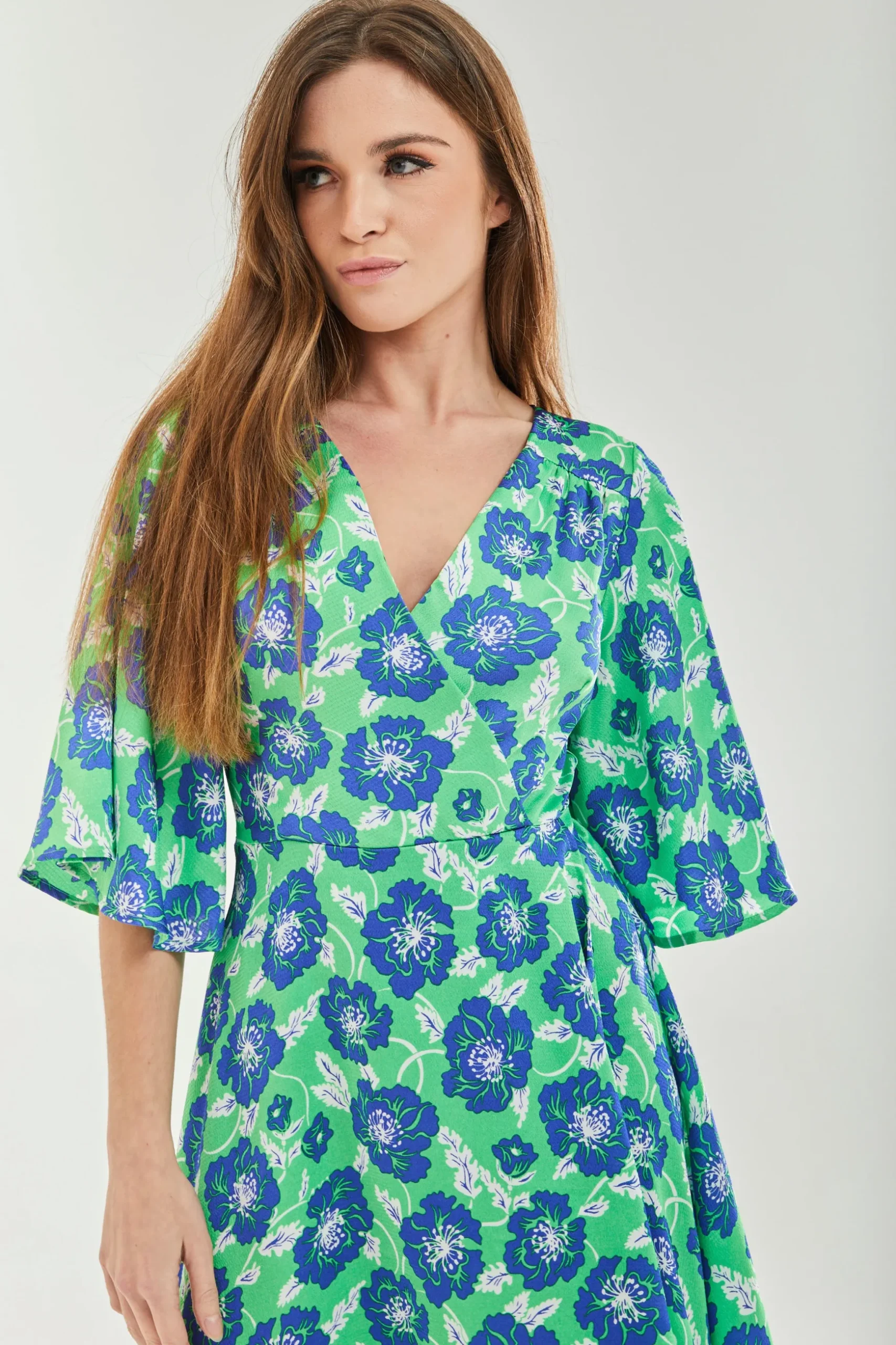 Women's Midi Wrap Dress with Flared Kimono Sleeves in Green Floral Print - Elegantly Chic by Liquorish