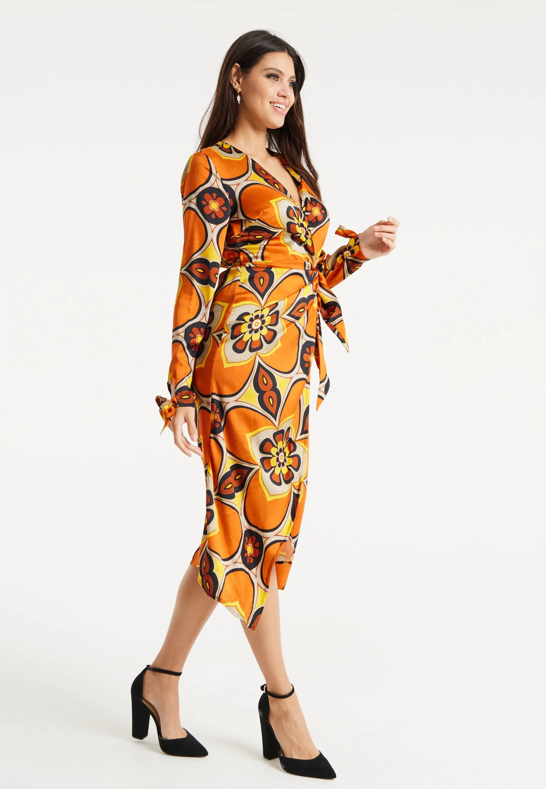 Women's Midi Wrap Dress with Long Sleeves in Orange and Yellow Floral Print - Liquorish