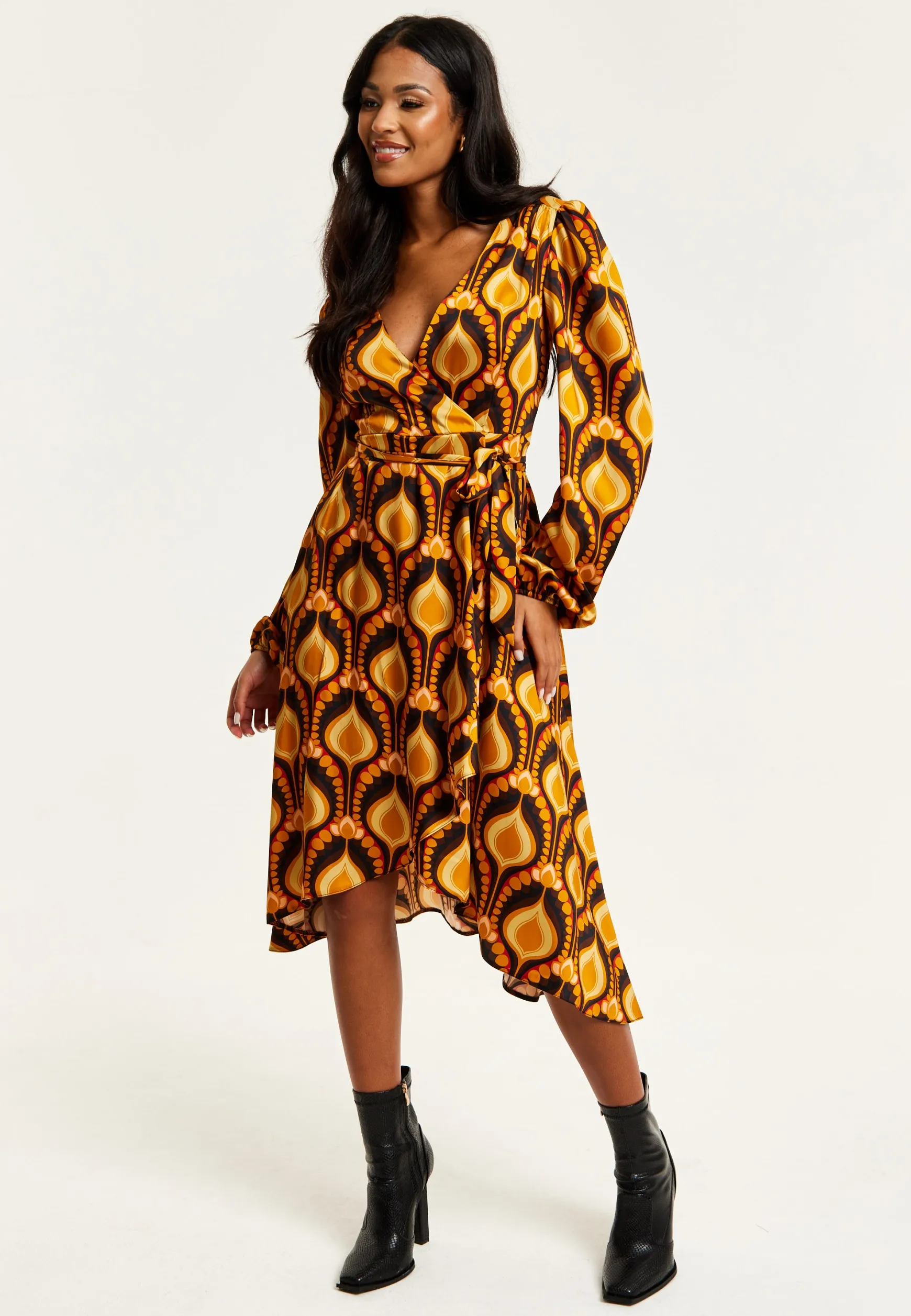 Women's Midi Wrap Dress with Balloon Sleeves in Retro Print - Elegant Fake Wrap Style, Perfect for Any Occasion by Liquorish