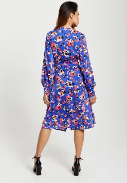 Women's Midi Wrap Dress with Long Balloon Sleeves in Blue Multicolour Abstract Dot Print - Liquorish