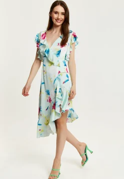Women's Midi Wrap Dress with Flouncy Sleeves in Mint Green - Elegant Floral Design for Every Occasion by Liquorish