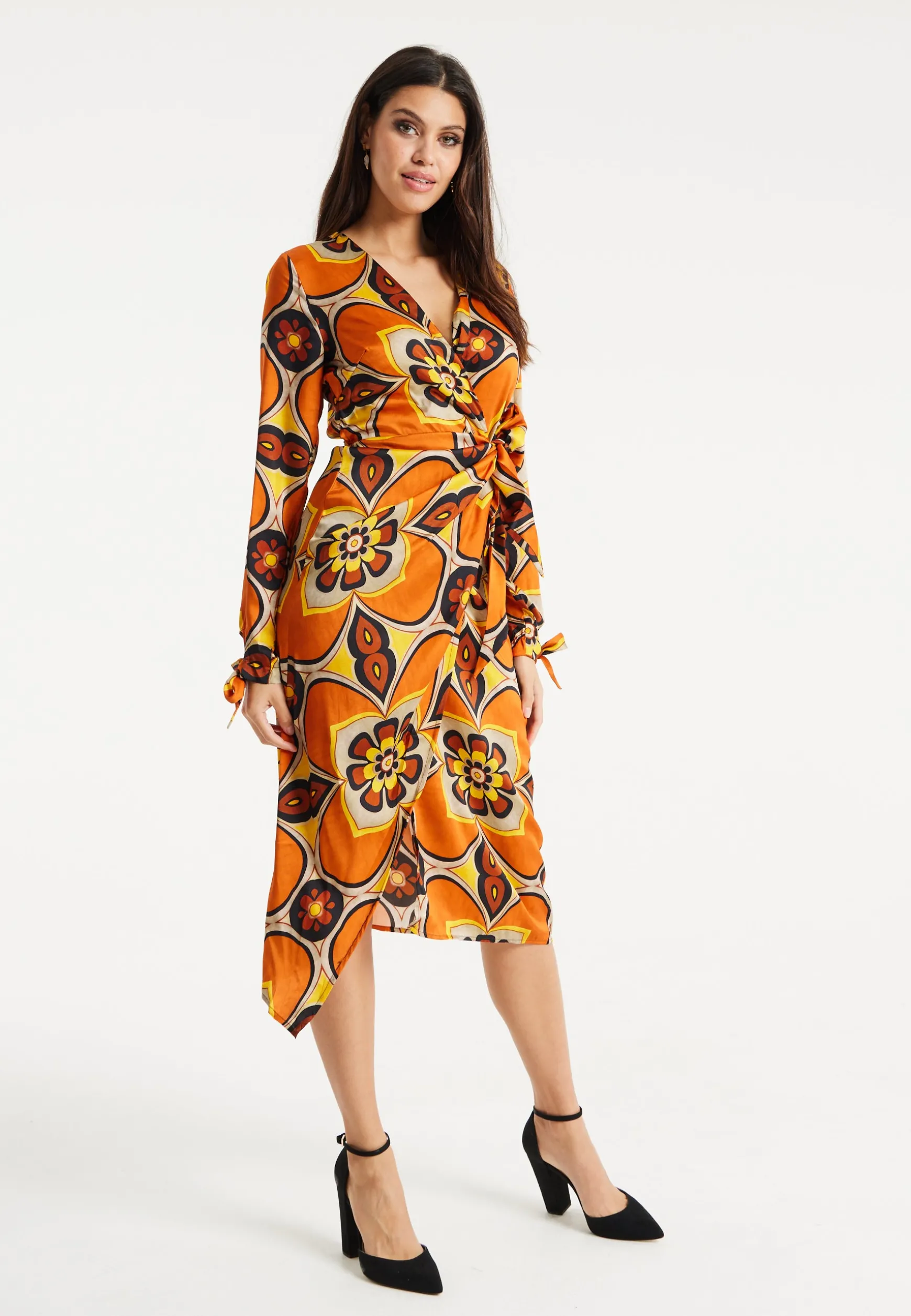 Women's Midi Wrap Dress with Long Sleeves in Orange and Yellow Floral Print - Liquorish