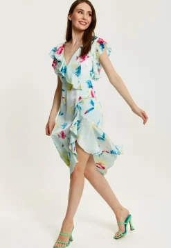 Women's Midi Wrap Dress with Flouncy Sleeves in Mint Green - Elegant Floral Design for Every Occasion by Liquorish