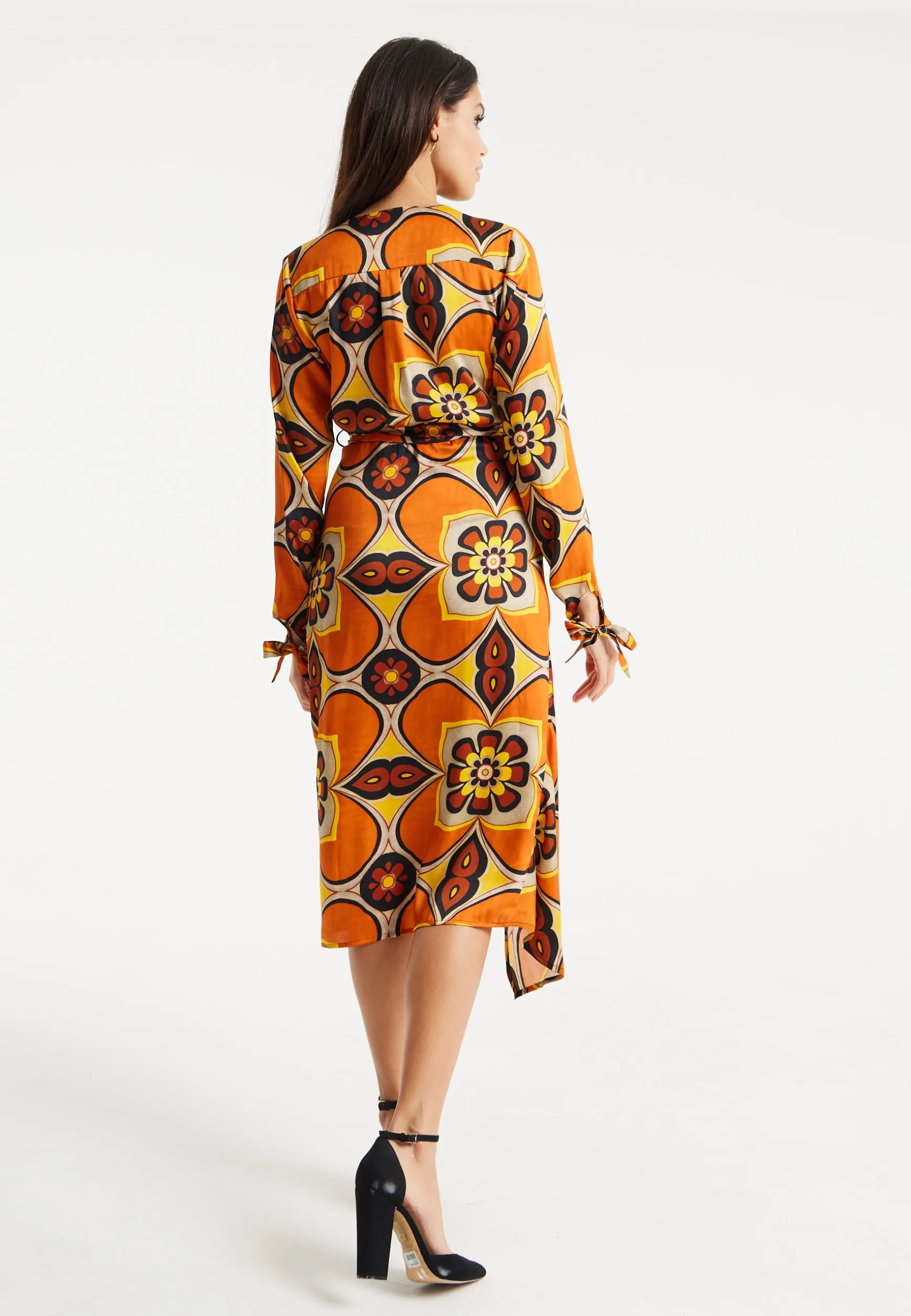 Women's Midi Wrap Dress with Long Sleeves in Orange and Yellow Floral Print - Liquorish