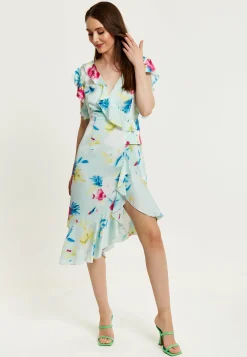 Women's Midi Wrap Dress with Flouncy Sleeves in Mint Green - Elegant Floral Design for Every Occasion by Liquorish