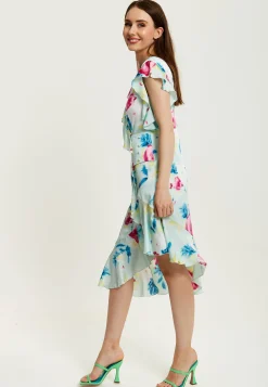Women's Midi Wrap Dress with Flouncy Sleeves in Mint Green - Elegant Floral Design for Every Occasion by Liquorish