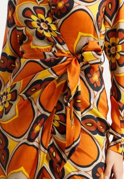 Women's Midi Wrap Dress with Long Sleeves in Orange and Yellow Floral Print - Liquorish