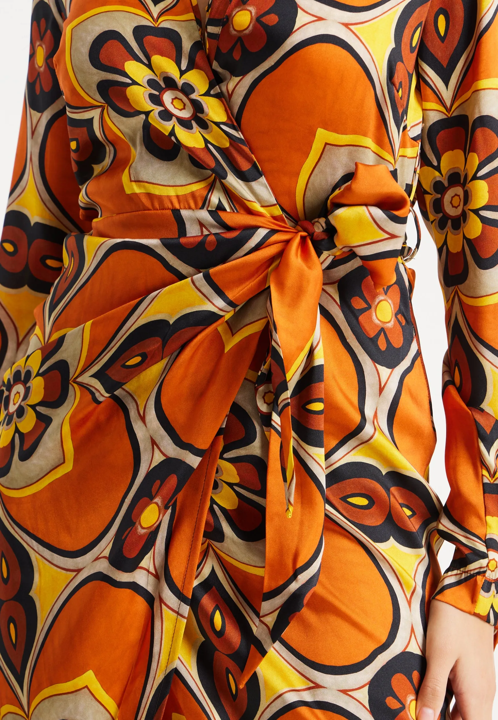 Women's Midi Wrap Dress with Long Sleeves in Orange and Yellow Floral Print - Liquorish