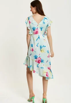 Women's Midi Wrap Dress with Flouncy Sleeves in Mint Green - Elegant Floral Design for Every Occasion by Liquorish