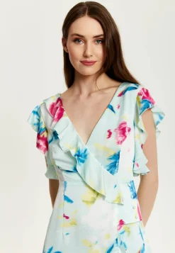 Women's Midi Wrap Dress with Flouncy Sleeves in Mint Green - Elegant Floral Design for Every Occasion by Liquorish