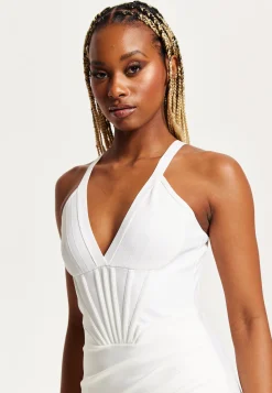 Women's Mini Corset Dress, Sleeveless V-Neck, Knitted, White, Bodycon Fit